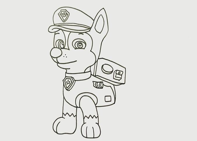 往下畫(huà)出帶有徽章的項(xiàng)圈，然后畫(huà)出警犬服，在上面畫(huà)出裝飾，然后畫(huà)出前肢，在背部上畫(huà)出背包和上面的按鈕.jpg