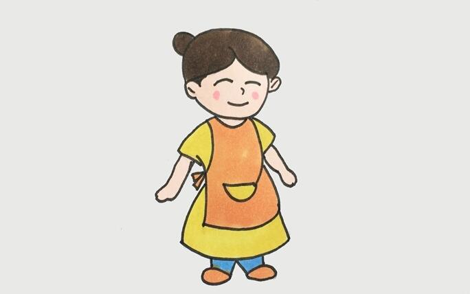 四、最后給媽媽涂上顏色。圍裙和鞋子涂上橙色，長裙涂上黃色，褲子涂上藍(lán)色，頭發(fā)涂上棕色，臉頰涂上粉紅色。一位溫柔又善良的媽媽就畫好了.jpg