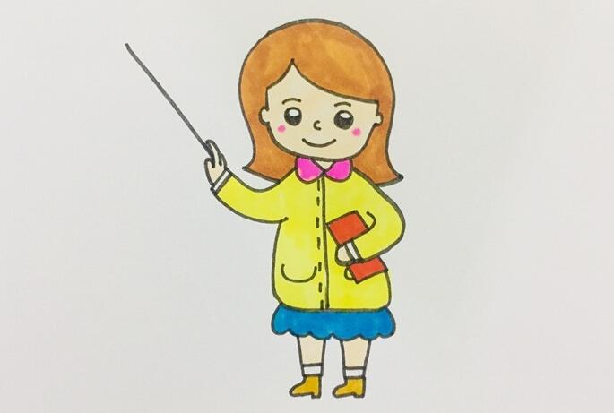 六、上衣涂成黃色，裙子涂成藍(lán)色，鞋子涂成深黃色，手中的書涂成紅色，一個(gè)溫柔美麗的長(zhǎng)發(fā)老師就畫好了。.jpg