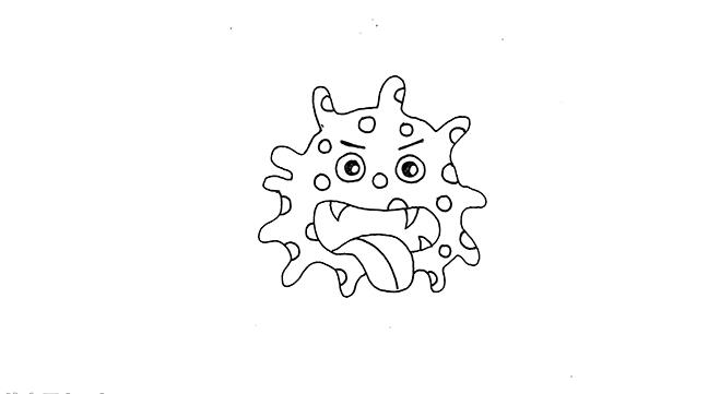 三、 繼續(xù)在上方畫上眉毛和圓圓的眼睛，里面畫上黝黑的眼珠子，再在病毒表面愛護誰一些圓圈作為它身上的斑紋。.jpg