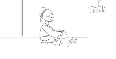 屋外，張三蹲在墻角把包袱放入坑中.jpg