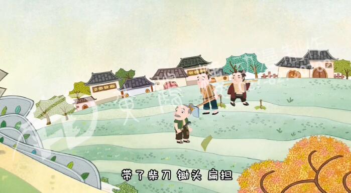 附近的人聽說狼來了，都趕緊放下手里的活兒，帶了柴刀、鋤頭、扁擔(dān)，飛快跑來救孩子.jpg