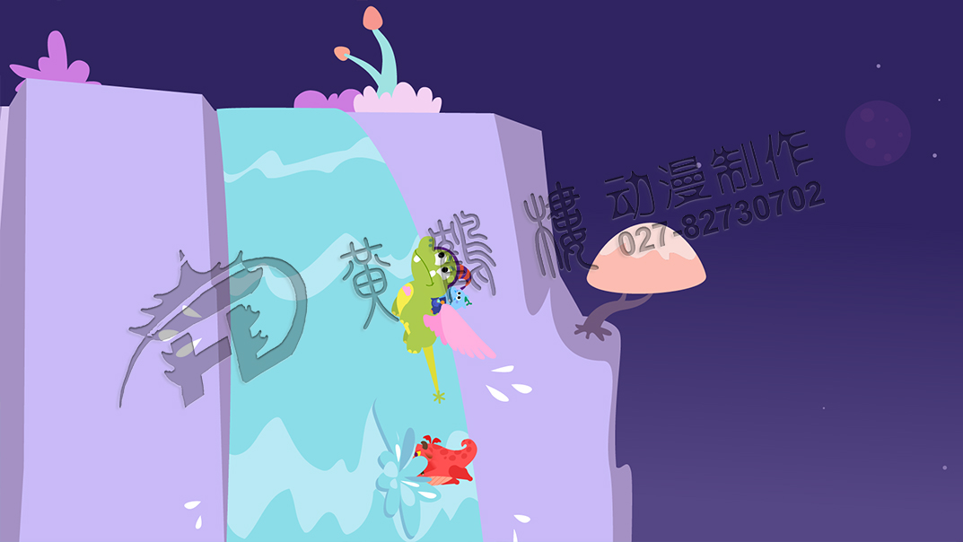 英語課動畫制作：眼看就要撞擊到瀑布了，一個仰飛，沖上了天，而小惡龍卻沒控制中，扎進(jìn)了瀑布里.jpg