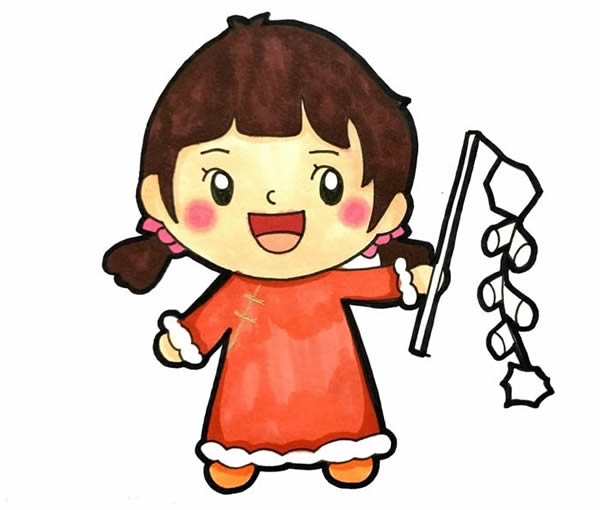 春節(jié)小朋友放鞭炮簡筆畫，新年小女孩放鞭炮簡筆畫