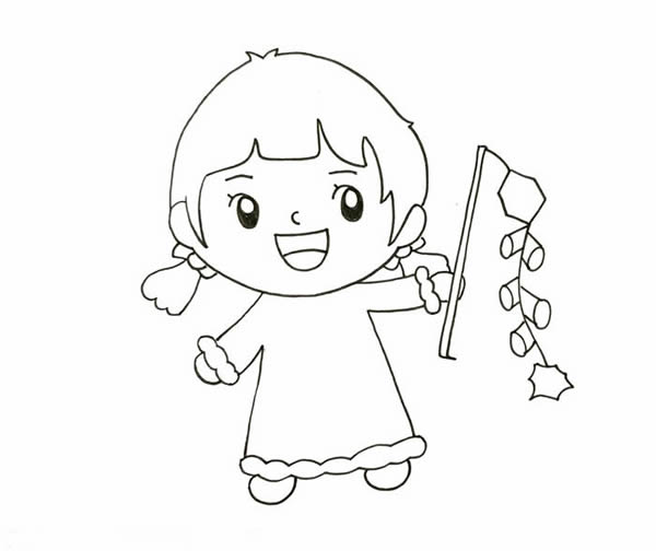 春節(jié)小朋友放鞭炮簡筆畫，新年小女孩放鞭炮簡筆畫