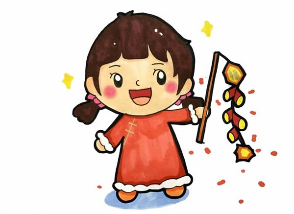 春節(jié)小朋友放鞭炮簡筆畫，新年小女孩放鞭炮簡筆畫